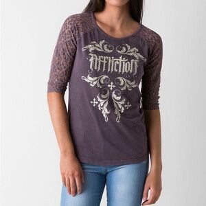 Affliction Purple 3/4 Sleeve Lace Blouse Women’s Medium M Top Shirt Buckle
